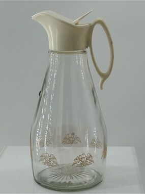 Glass Beverage Pitcher with Cream Lid and Gold Eagle Design